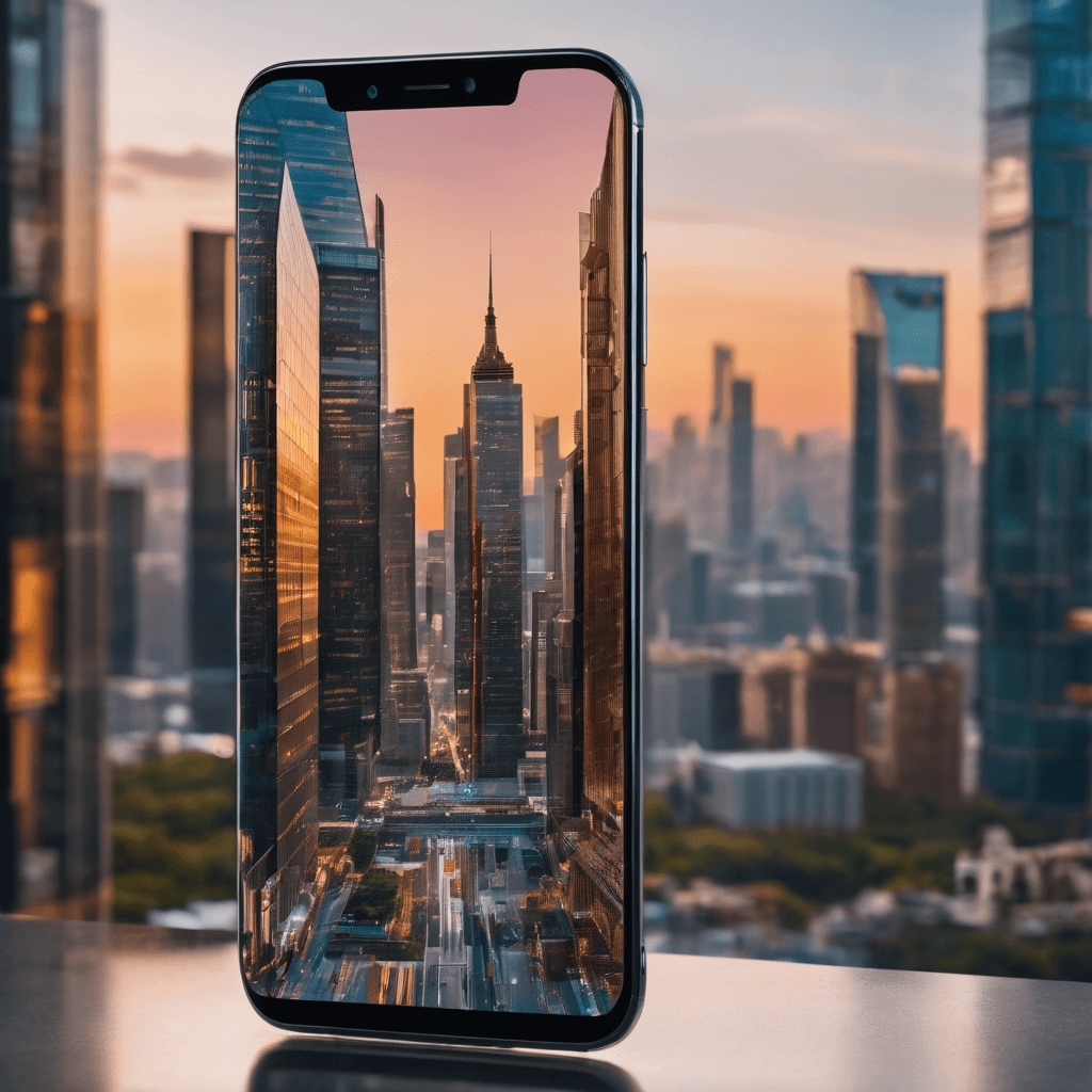 A sleek, modern smartphone placed on a glass surface, with a stunning cityscape in the background. The phone's screen displays a high-resolution image of a bustling city, highlighting its immersive display capabilities. The device's design exudes sophistication with a slim, bezel-less frame, and a seamless, edge-to-edge display. The camera module on the back is equipped with multiple lenses, illustrating the emphasis on photography and visual capabilities in modern smartphones. This image epitomizes the blend of technology, aesthetics, and connectivity in the contemporary cellphone industry.