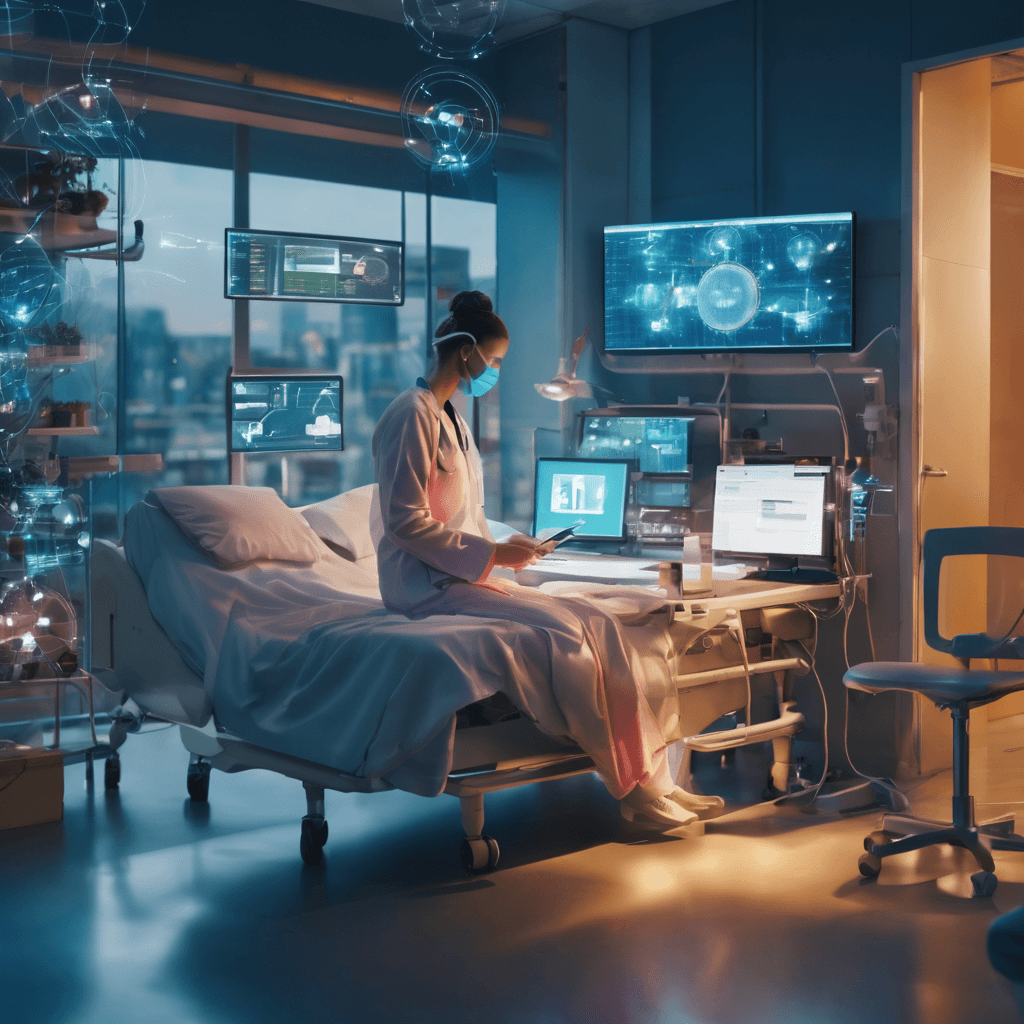 An illustration of the impact of 5G on healthcare and IoT. The image depicts a patient wearing a variety of health monitoring devices connected to a 5G network. The environment is a modern, well-lit hospital room, conveying a sense of security and advanced healthcare. Data from the devices is seamlessly transmitted to healthcare professionals for real-time monitoring and analysis.