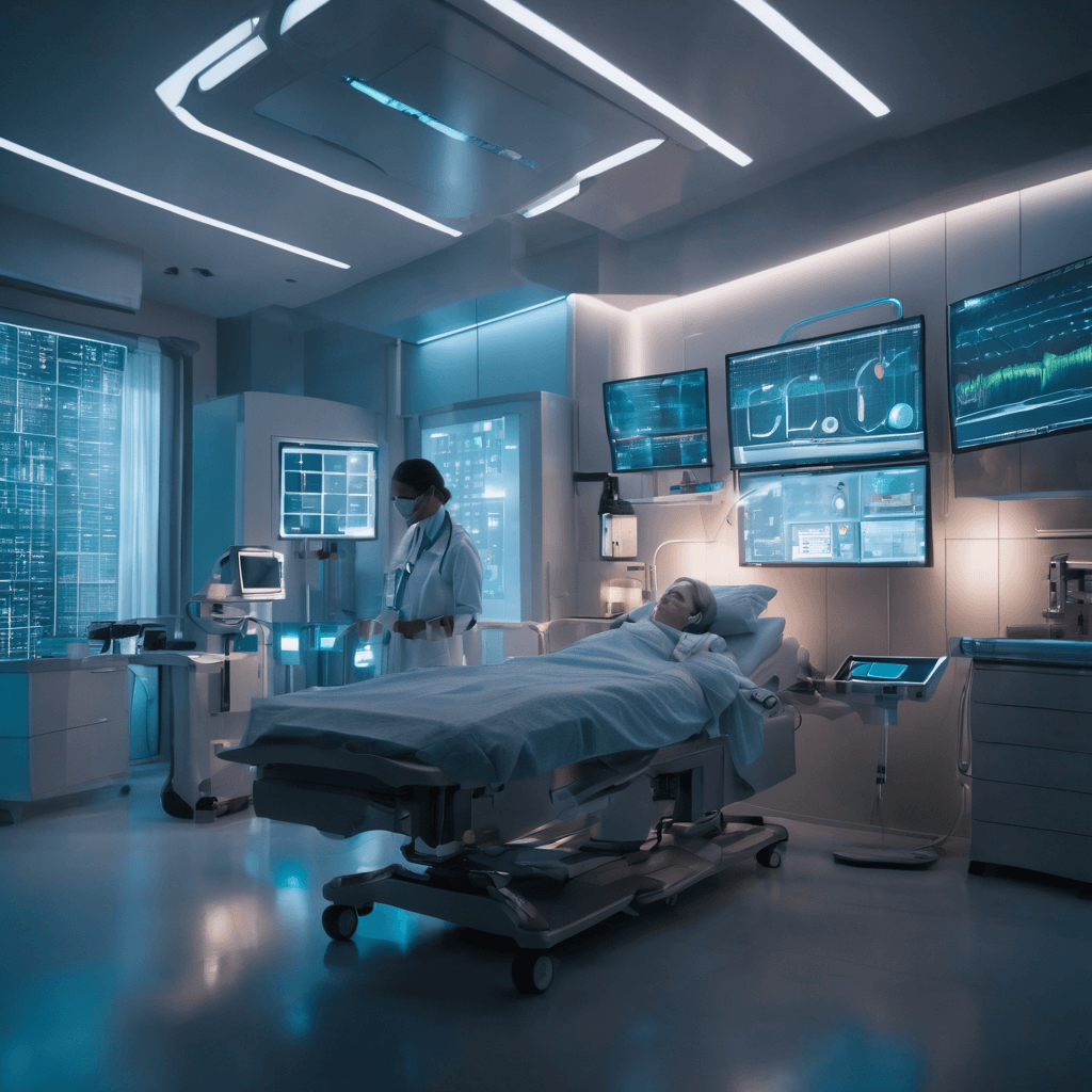 An illustration of AI in healthcare. The image shows a futuristic hospital room with a patient connected to various AI-driven monitoring devices. A holographic interface displays vital signs, and the AI system is analyzing data in real-time to predict health trends. The environment is sterile and well-organized, with a calming ambiance, promoting trust in the advanced healthcare technology.